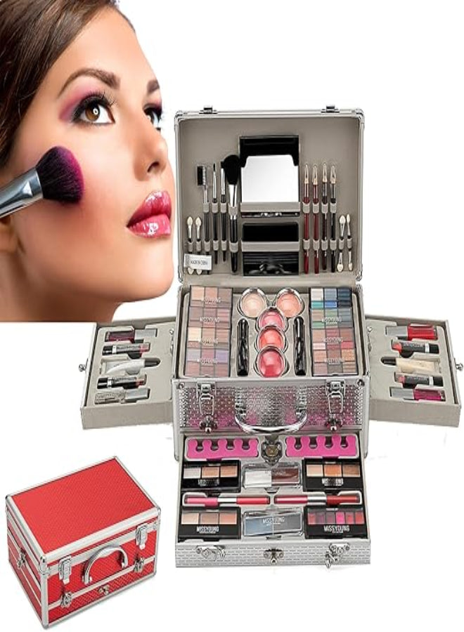 106pcs Luxury Makeup Gift Set: All-In-One Makeup Box Kit Featuring Eyeshadows, Lip Gloss, Lipstick, Concealer, Blush, Lip Liner, Eyeliner And Versatile Brushes, Perfect Exquisite Gift for Mother'S Day, Birthdays Or Special Occasions (Red & Silvery)