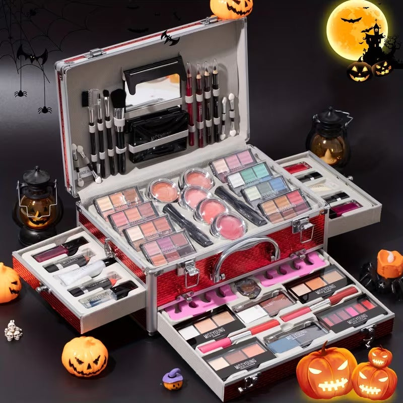 106pcs Luxury Makeup Gift Set: All-In-One Makeup Box Kit Featuring Eyeshadows, Lip Gloss, Lipstick, Concealer, Blush, Lip Liner, Eyeliner And Versatile Brushes, Perfect Exquisite Gift for Mother'S Day, Birthdays Or Special Occasions (Red & Silvery)