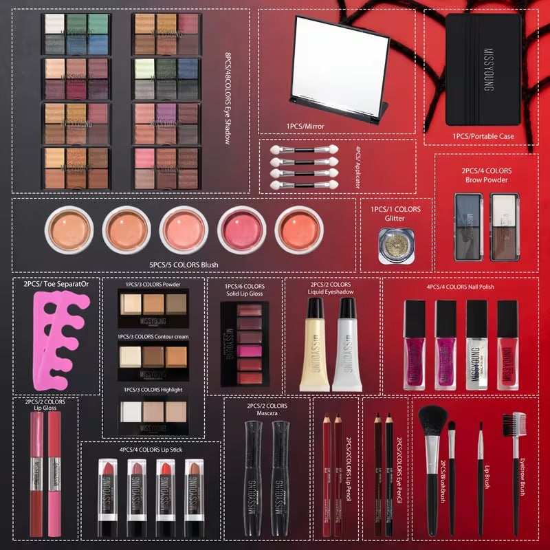 106pcs Luxury Makeup Gift Set: All-In-One Makeup Box Kit Featuring Eyeshadows, Lip Gloss, Lipstick, Concealer, Blush, Lip Liner, Eyeliner And Versatile Brushes, Perfect Exquisite Gift for Mother'S Day, Birthdays Or Special Occasions (Red & Silvery)