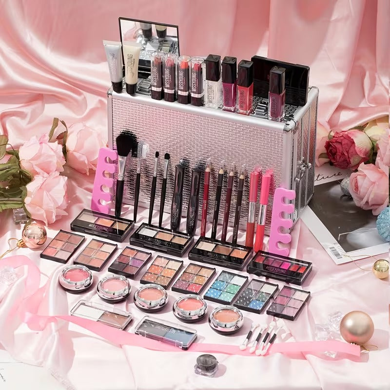 106pcs Luxury Makeup Gift Set: All-In-One Makeup Box Kit Featuring Eyeshadows, Lip Gloss, Lipstick, Concealer, Blush, Lip Liner, Eyeliner And Versatile Brushes, Perfect Exquisite Gift for Mother'S Day, Birthdays Or Special Occasions (Red & Silvery)