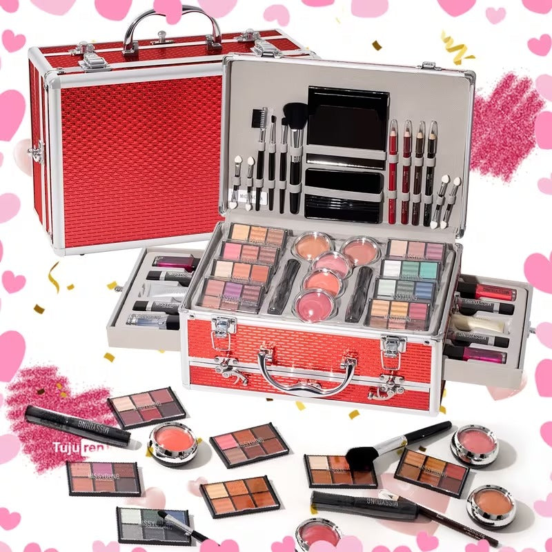 106pcs Luxury Makeup Gift Set: All-In-One Makeup Box Kit Featuring Eyeshadows, Lip Gloss, Lipstick, Concealer, Blush, Lip Liner, Eyeliner And Versatile Brushes, Perfect Exquisite Gift for Mother'S Day, Birthdays Or Special Occasions (Red & Silvery)