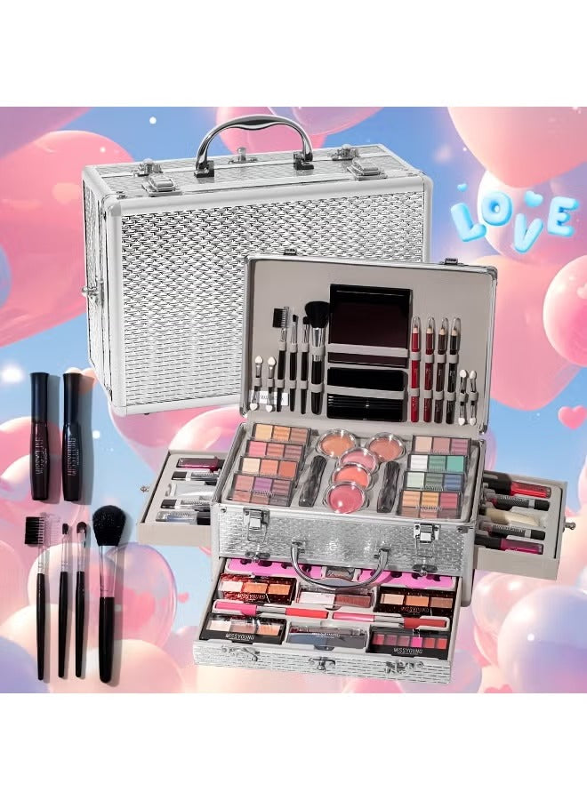 106pcs Luxury Makeup Gift Set: All-In-One Makeup Box Kit Featuring Eyeshadows, Lip Gloss, Lipstick, Concealer, Blush, Lip Liner, Eyeliner And Versatile Brushes, Perfect Exquisite Gift for Mother'S Day, Birthdays Or Special Occasions (Red & Silvery)
